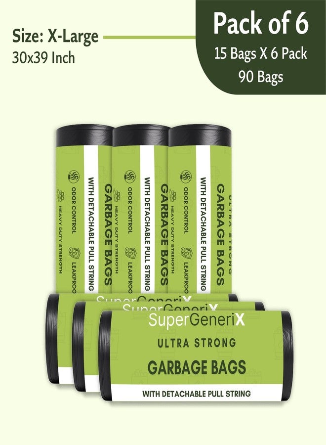 SuperGeneriX أكياس قمامة صديقة للبيئة من سوبر جينيريكس، مقاس كبير جدًا | 90 قطعة (15 كيسًا × 6 لفات) | أكياس قمامة 30 × 39 بوصة برباط | مانعة للتسرب ومقاومة للتمزق | للنفايات الجافة والرطبة | أكياس قمامة خضراء - Image 2